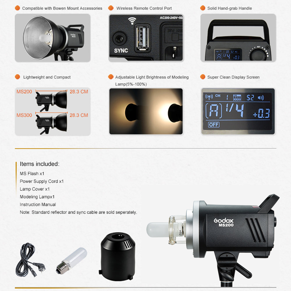 Godox MS200 Compact 200W Studio Flash -110V - INSSTRO